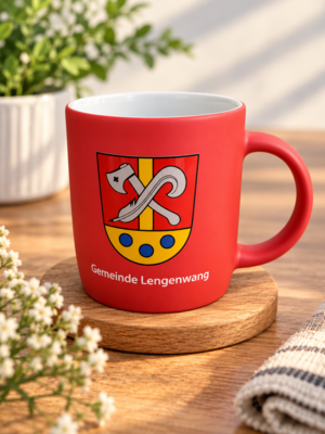 Bild einer roten Tasse mit dem Wappen der Gemeinde Lengenwang bedruckt